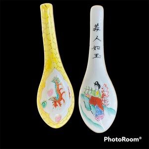 Vintage Soup Spoons 2 Chinese Porcelain Red Dragon Pattern and Geisha c1960’s